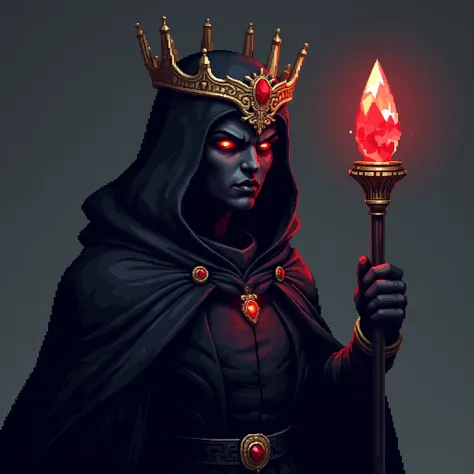 Create an 8-bit pixel art graphic design and illustration of a human with dark skin that appears strong and mysterious, featuring striking red eyes that stand out, giving a sharp and commanding presence. The person is wearing a dark black cloak with intric...