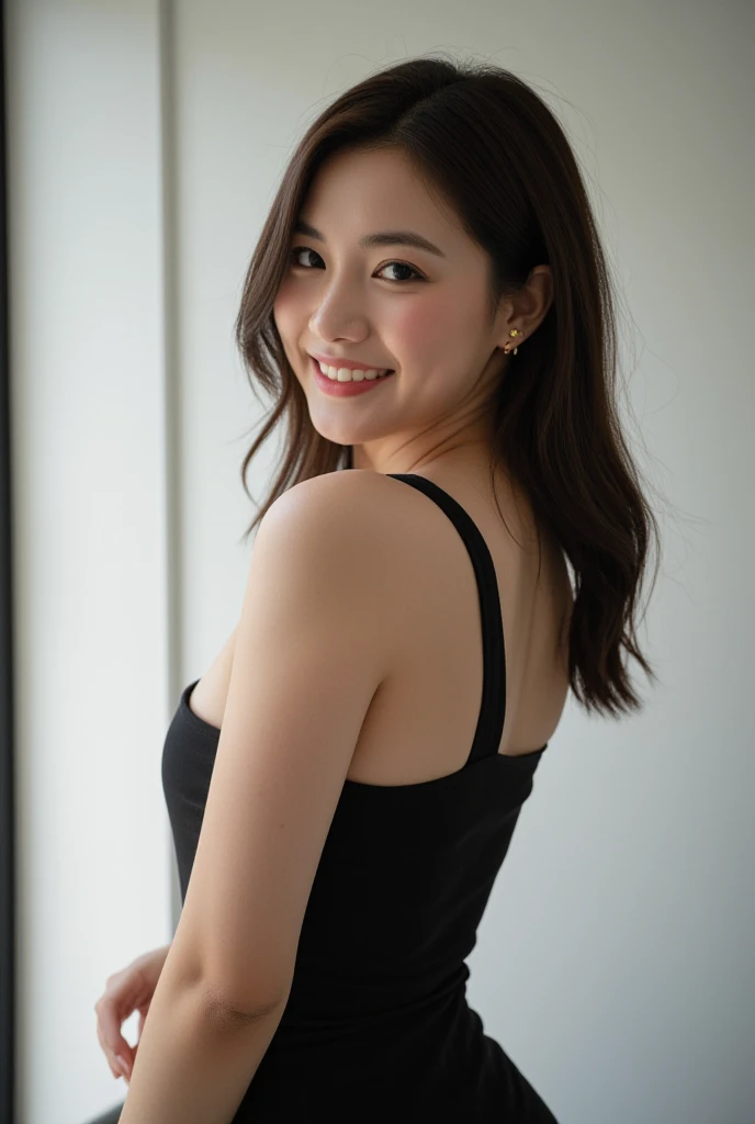 Realistic photo of her smiling incamera in sexy clothes 