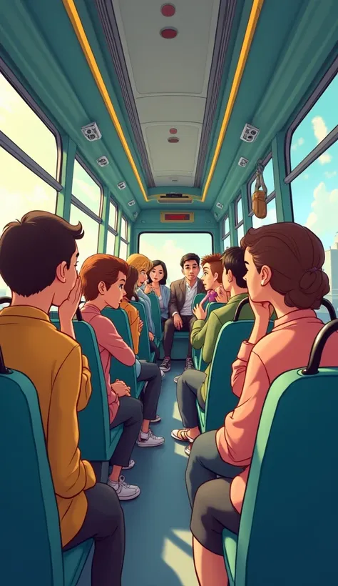 The passengers looking ashamed, realizing their mistake, and exchanging guilty glances with one another. All images cartoon type.