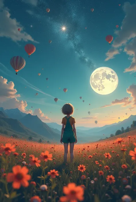 Makoto Shinkai,  Expansive Landscape Photos  , (  looking up at the bottom 。Sky above 、I can see a field below ),  standing in a flower field and looking up ,  back view,  short hair and is wearing green overalls。Hot air balloons６ floating in the air 。( fu...