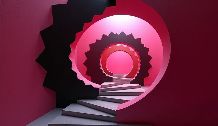 A spiral staircase visualized within a Depth-Reversal Dimensional Shift, where foreground and background constantly invert, challenging spatial logic. Highlight this effect with contrasting deep black and vibrant pink to accentuate the unstable sense of sp...