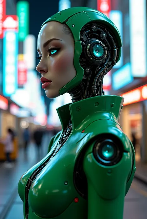 Une femme avec une tête dun robot visage beau yeux bleus vert sourcil rond cils bleu foncé regard dormir cOrps robot porte un jamsot vert  la femme debout dans une rue a tokyou dans la nuit