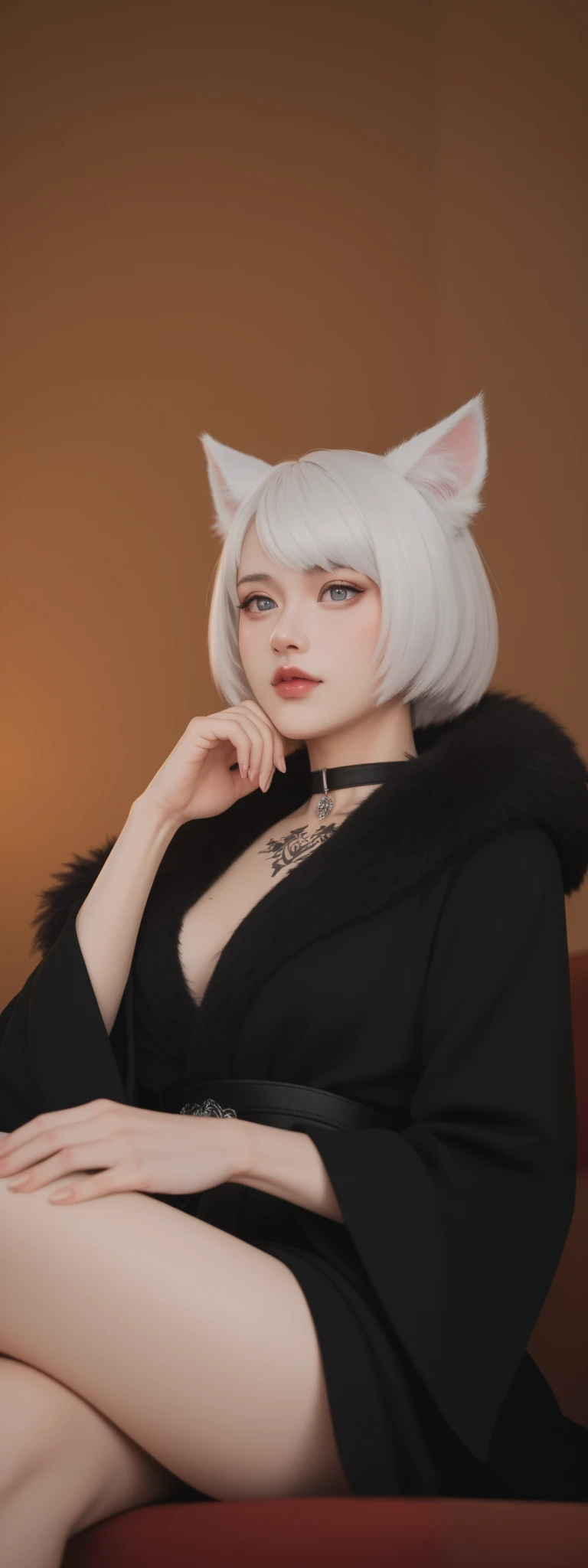 Fraction_9, Fraction_8_up, Fraction_7_up, rest,
 relaxed pose , actual ,the&#39;Shtola Roars , Final Fantasy XIV, Waist Stolen , feather发饰, Fur Trim ,choker,feather,jewelry, Neck Tattoo ,Black robe, Random Chest ,From below,Chuckling, 1 Girl,(the&#39;Shtol...