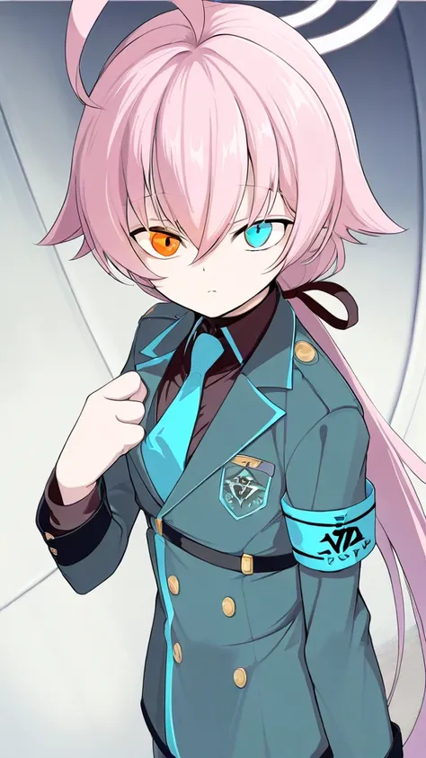 (high quality, ultra-detailed), Blue Archive, Hoshino Takanashi, looking at viewer, pink hair, heterochromia of blue (right) and orange (left) eyes, solo, Uniform. adult female