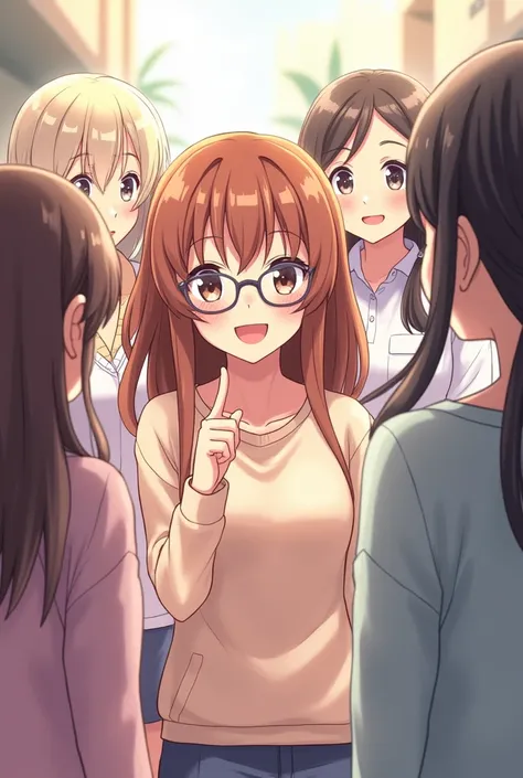 i want anime picture that one girl with glasses on her hair beautiful girl wearing pent shirt talking with other girls and one girl that backside is on the camera looking her by hidding herself