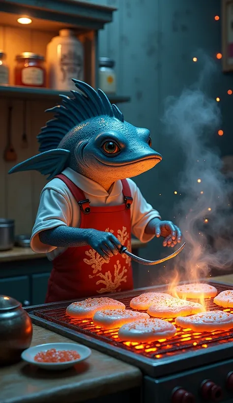 Mistral, a sharp-featured anthropomorphic fangtooth fish, stands in a coastal-inspired rustic kitchen. His chef’s apron is water-resistant, with oceanic patterns, and he is grilling vibrant, iridescent fish fillets on a glowing enchanted grill. The air is ...