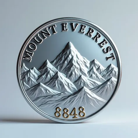 Make a Snow metallic color coin with mt everest symbol in round shape and write 8848 on coin and coin must be shown front. highest quality image 