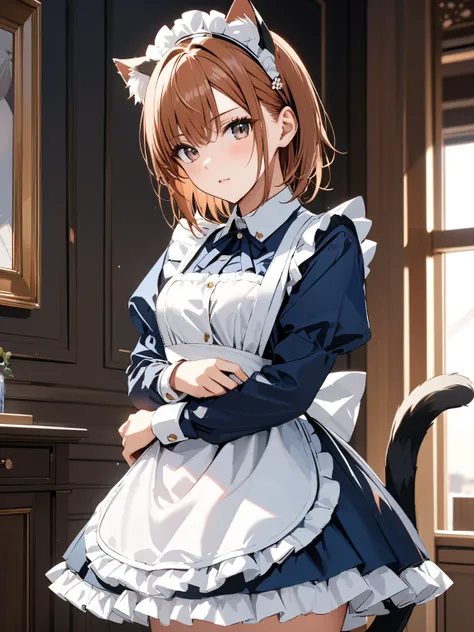 Cat ears,  cat tail,  maid clothes, whole body, (Misaka Mikoto), masterpiece:1.5, masterpiece, highest quality, UHD, retina, masterpiece, accurate anatomy, super detailed, high quality, best quality, 8k