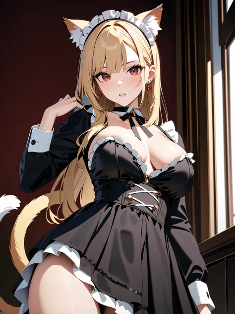 Cat ears,  cat tail,  maid clothes, whole body, Kitagawa Marin, 1girl, blonde hair, long hair, multicolored hair, red eyes, jewelry, earrings, piercing, black choker, masterpiece:1.5, masterpiece, highest quality, UHD, retina, masterpiece, accurate anatomy...