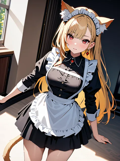 Cat ears,  cat tail,  maid clothes, whole body, Kitagawa Marin, 1girl, blonde hair, long hair, multicolored hair, red eyes, jewelry, earrings, piercing, black choker, masterpiece:1.5, masterpiece, highest quality, UHD, retina, masterpiece, accurate anatomy...