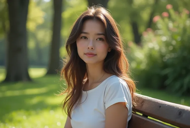 A brunette woman sitting on a park bench, facing the camera with a relaxed expression. The close-up shot captures her natural beauty in the soft daylight, and then zooms out to show her full body in a casual, form-fitting outfit. The parks trees and greene...