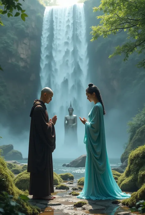 Load buddha kind situation. monk and goddess respect to load buddha. sky blue her dress color. dark chocolate color monk dress color.near water fall.