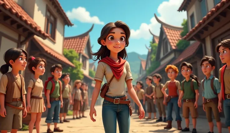 Elena,  when she returns to town telling her people about the beauties of the valley, there are people looking around curiously ;  Elenas determination is emphasized .  Draw realistic in animation style .