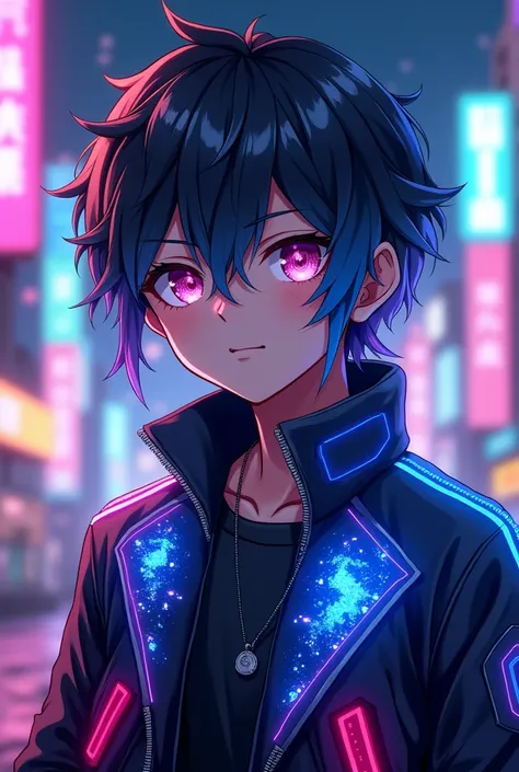 A highly detailed anime-style boy avatar with expressive features and vibrant colors. The boy has medium-length, slightly messy hair that fades from dark blue to neon purple at the tips, giving a futuristic and stylish look. His large, glowing eyes reflect...