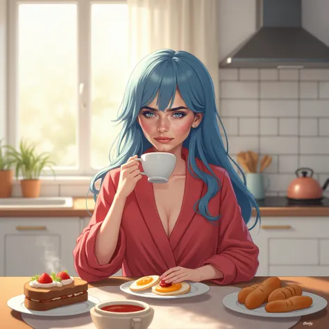  A woman with blue long hair  , having breakfast in the kitchen .  Very nice breakfasts on the table .  Steaming from a cup of coffee  .  The white kitchen cabinets are clearly visible in the background .  On the woman there is a red dressing gown . 