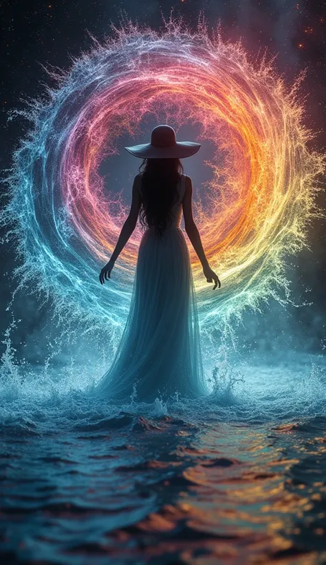 Monochrome image of a slender witch cast spell that create a vortex of beautiful water as vigorously and profusely, water is transparent and cosmic color and very colorful with rainbow colors in very smooth gradience and beautiful sparkling effect