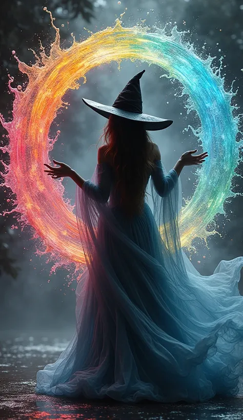 Monochrome image of a slender witch cast spell that create a vortex of beautiful water as vigorously and profusely, water is transparent and cosmic color and very colorful with rainbow colors in very smooth gradience and beautiful sparkling effect