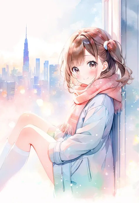 (ultra detailed:0.7), cover image, (soft pastel tones, watercolor, (bright color:1.3), transparent, gradation, harmonious and calm atmosphere:1.1), 1girl, , Elementary school girl, brown hair, big eyes, black eyes, ((red round eyewear)), side ponytail, smi...