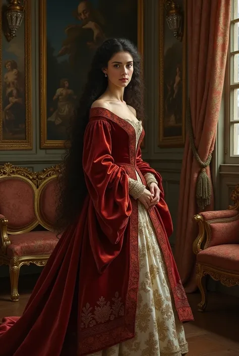 Inside the Maisons Lafitte castle, the woman with long dark and curly hair, the daughter of a wealthy 17th century banker, wears a beautiful velvet dress with long and wide sleeves. 