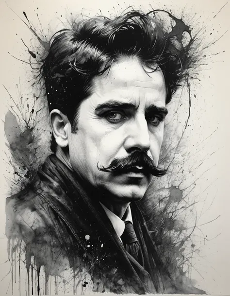 Charcoal drawing, crayon, black pencil drawing, pencil drawing, black and white drawing, graphite drawing, portrait,  full body, Um grande painel na rua, multicolorido, de Carlitos( Chaplin) triste. portrait of Willem Henraets watercolor wet- on-wet techni...