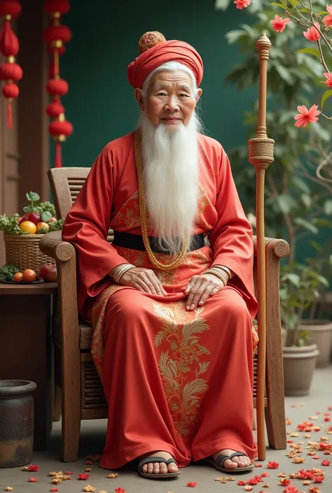 Vietnamese, southern Vietnam, whole body, granny, red outfit, holding a wooden staff in hand, sit, white hair, old woman
2.Hair: The long, jet-white hair is neatly tied up at the white, evoking the traditional beauty of Southern Vietnamese grannie.
Turban:...