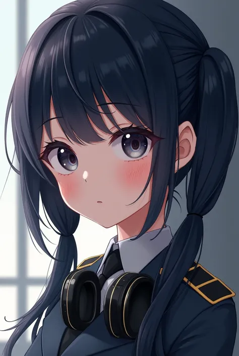  pretty girl with dark navy blue hair, tied up with two little pigtails . round and big eyes, color negro,  tender look.  military uniform .  headphones.