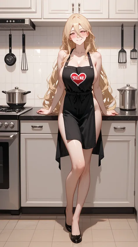 1 Girl,  unique ,  HD, Accurate,  long hair, blond,  hair between eyes,  Big Breasts ,  blush,  has a seductive smile, heart in eye,  Wearing a nude apron ， Full Body Photo ， long legs，Black Silk:1.5， format:1.5