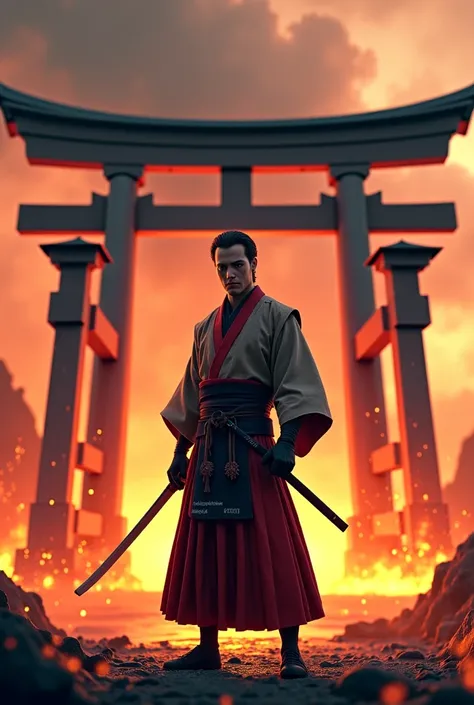 Hakama　 back view　A castle that looks like Rashomon　The front is burning 　 carrying a sword　Looks strong