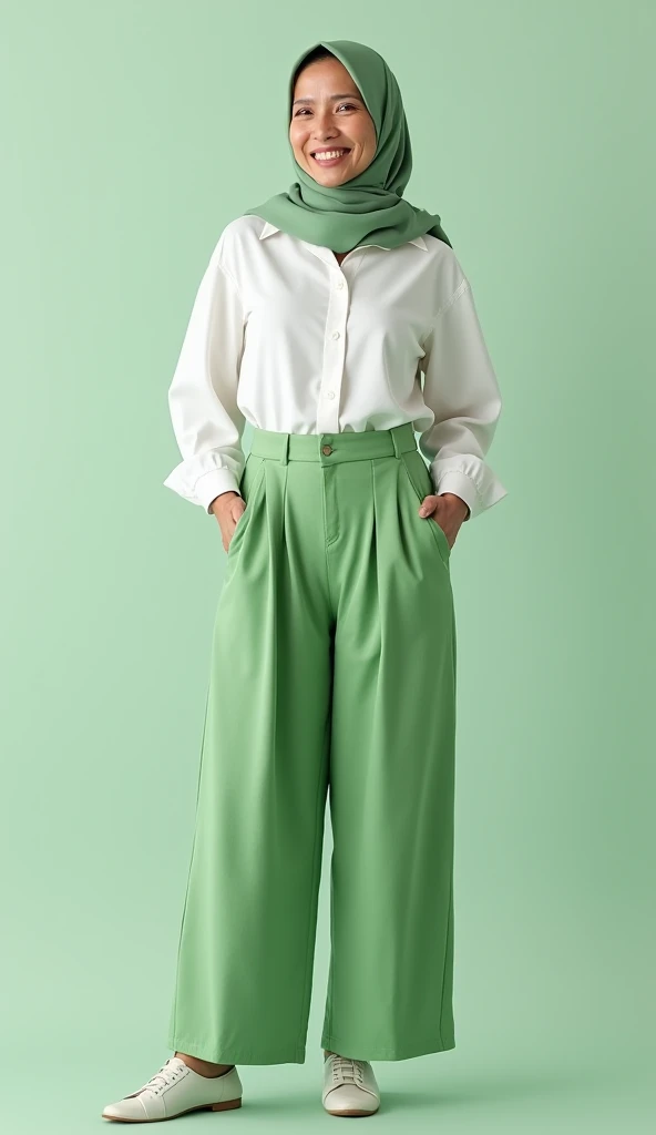 Indonesian mature old woman full body with hijab, light green and white modern sweeter and green pants isolated ((Masterpiece, best quality)), detailed skin, highly detailed, cinematic lighting, ultra realistic, blush, looking at viewer, malicious smile