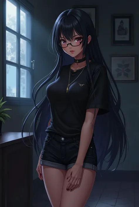 room, night, anime girl, long black hair, brown skin, seductive look. shorts, black shirt, black eyes, medium breasts, glasses