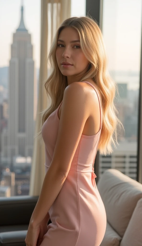 A headshot of a beautiful blonde girl in her early thirties. She is wearing a business casual dress. The background shows a modern room with a window that has a view of a New York skyscraper, blurred for depth of field. The lighting is natural, golden-hour...