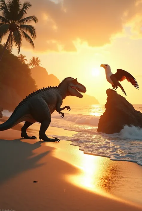 A cinematic scene on a pristine beach at sunrise, featuring a massive dinosaur and a majestic Garuda locked in an intense standoff. The dinosaur, a towering predator with scaly skin glistening in the golden light, stands firmly with its powerful tail dragg...