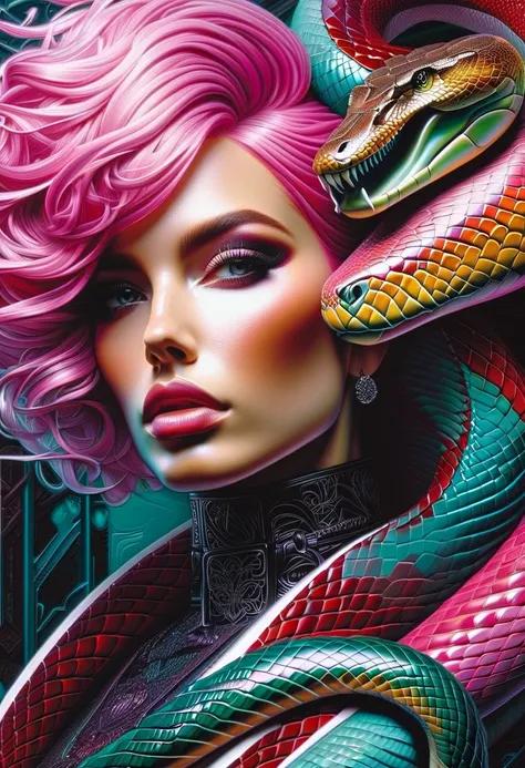 Cyberpunk l close up pink haired female with a white anaconda around her neck, portrait, clear sharp focus, featuring a dark and eerie atmosphere hyper realistic, 8K professional photography art, photorealistic masterpiece: by aaron horkey and jeremy mann:...