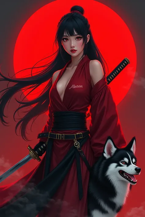 Beautiful Asia girl samurai with red black outfit and holding husky puppy and background is red moon and her name is on right chest sign "Aleaaa" 