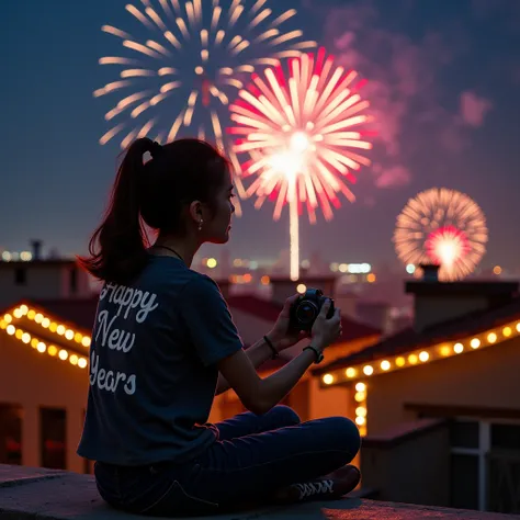 "A festive New Years Event scene with a young woman sitting menghadap camera on a rooftop at night, gazing at colorful fireworks in the sky. The words Happy New Years 2025 and text (Alcodrea) are written in glowing text amidst the fireworks. She is wearing...