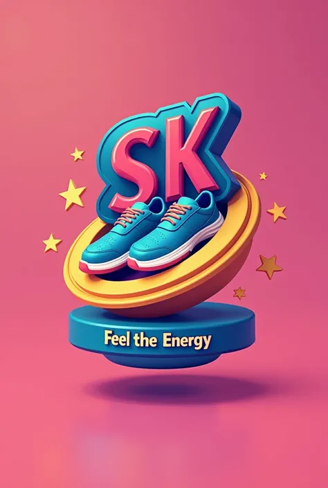 Create a designer logo called sk footwear with cheerful colors and fonts with the following instructions add a floating round base using the same colors as a base with the words feel the energy
