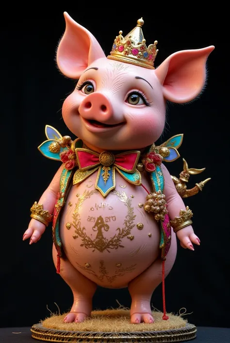 Piggy decorated , 
text, "    Happy New Year 2025",   black background   , Artistic,   incredible details   , rich colors,   high quality 