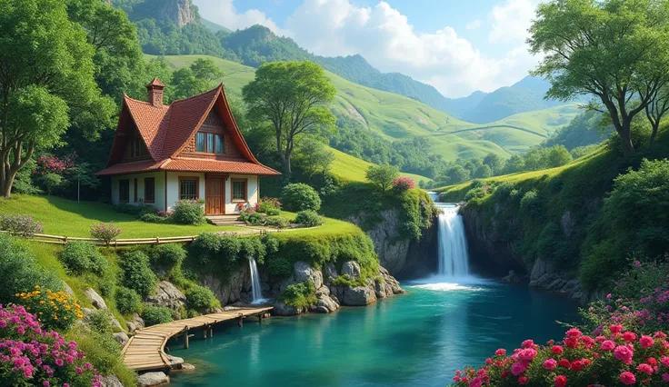 A colorful and beautiful 8k real shot of a burrow house set amidst green hills. A small cottage with a terrace for sitting. Surrounded by fruit trees and flowers, A waterfall flows into a lake near the house. A bamboo bridge. Beautiful flowers are in the f...