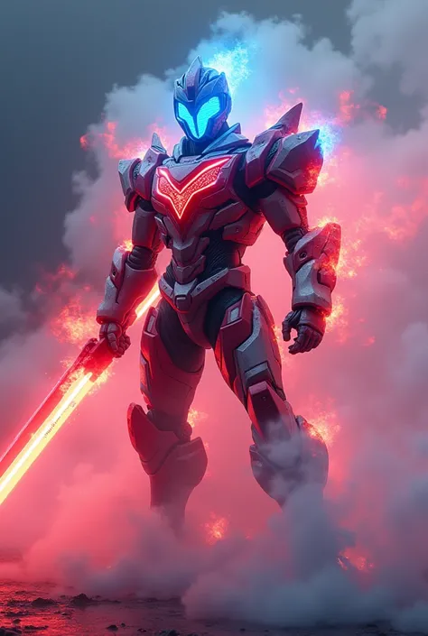 illustration fire, smoke and fog effect of (KAMEN RIDER RED WHITE), Equip Great weapon, lights within, RED and BLUE, Glossy, Standing Full body, ice burn with a fog effect, Super detail, High Octane, 16K Wallpaper, Render, HDR, ULTRA HD. 9:16