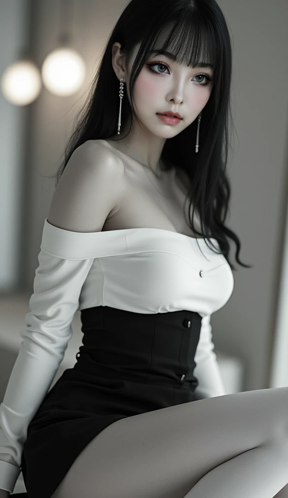 16K quality， ultra-realistic style ， front shot of a womans full body ， woman in a stylish off-shoulder white dress，Ji Qie，黑色Ji Qie发型 ，Straight hair ，Blunt，Bangs，Woman in a stylish off-the-shoulder white dress with bangs on both cheeks ，Long earring showin...