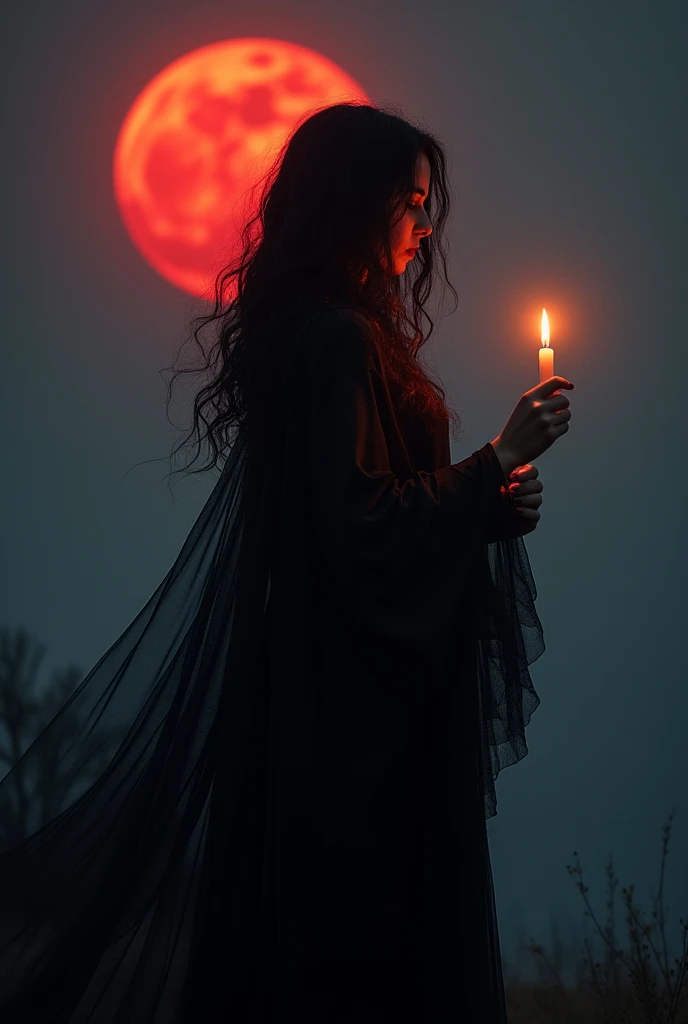 25 year old woman of Aramaic descent, dressed in wisps of shadows, her clothes are made of literal shadows, holding a single candle outdoors with a blood red moon outlining her form, only light shining on her face comes from the candle,