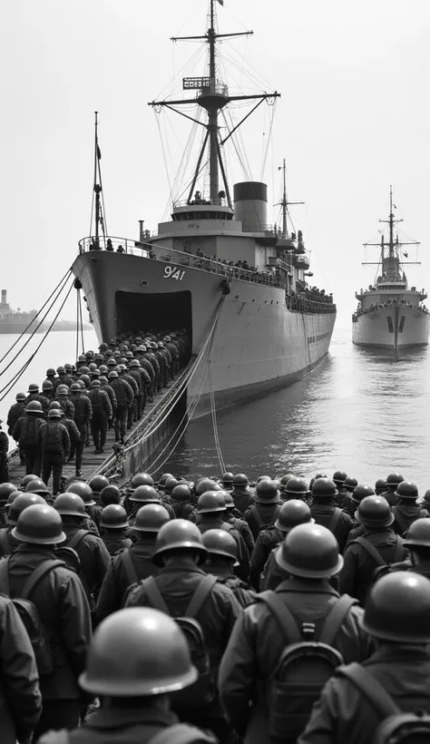 Image is a black and white historical photograph depicting a large group of soldiers disembarking from a military ship onto a dock. The ship, marked with the number 941, is positioned prominently in the background, with its structure and smokestack visible...