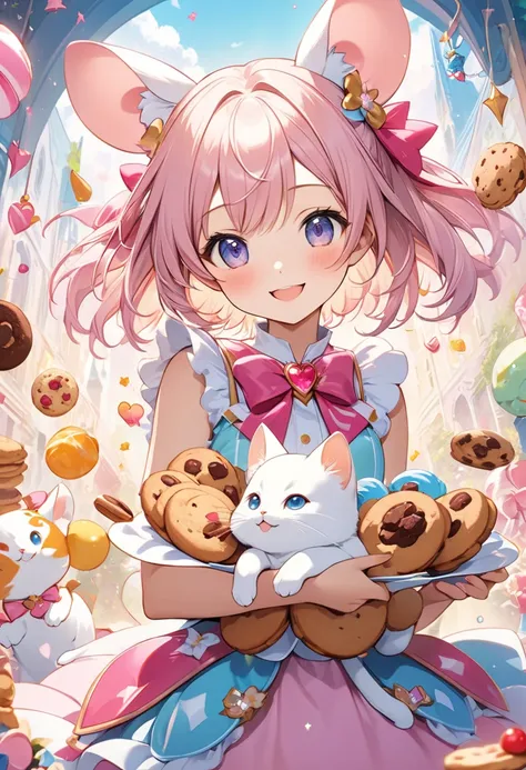 8K resolution, (masterpiece) (highest quality) Smiling girl with a bunch of cookies and a cat, splash art, soft animated illustration, cute girl visual, magical girl portrait, decoration inspired illustration, sweets, magical girl, white cat girl, beautifu...