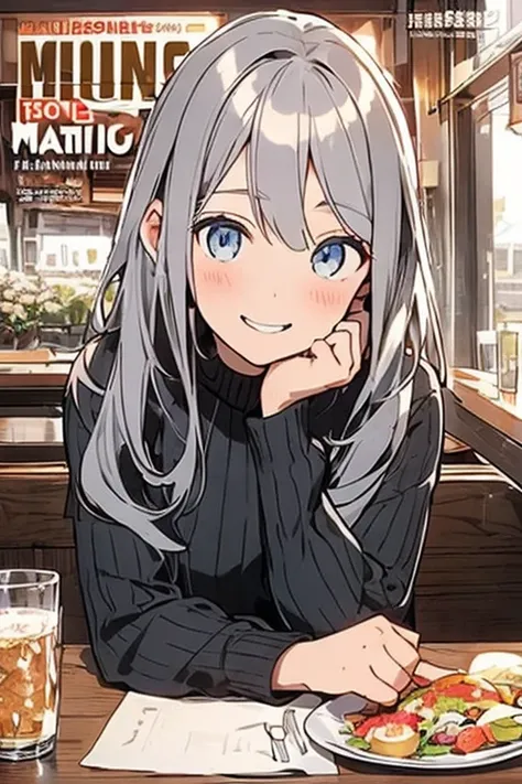 (from below:1.2),((1girl, silver hair, long hair, qutel blue eyes, beautiful eyes, pretty smile:1.5, ), young woman in a sweater sitting in a wooden booth with food on a table, indoors, looking at viewer, sweater, both hands covering mouth, happy, multiple...