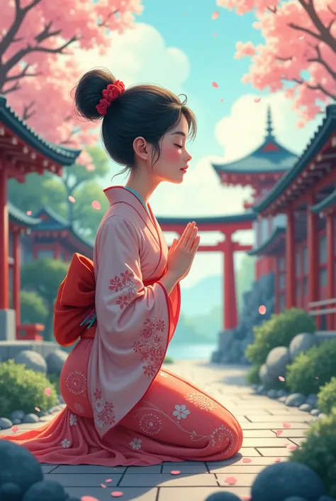 Woman praying with her hands together in kimono
shrines
cartoon-style
mystical