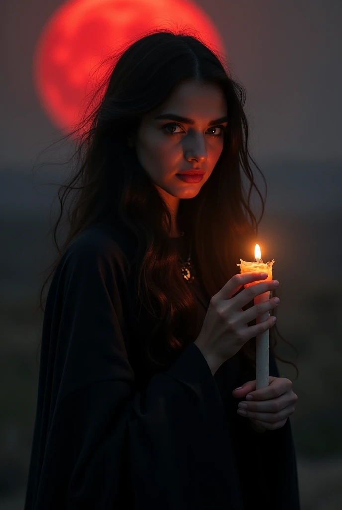 25 year old woman of Aramaic descent, dressed in wisps of shadows, her clothes are made of literal shadows, holding a single candle outdoors with a blood red moon outlining her form, only light shining on her face comes from the candle,