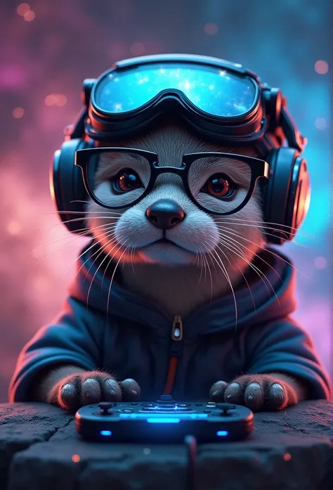 Streamer otter, space, space, gamer, headset, Black glasses 