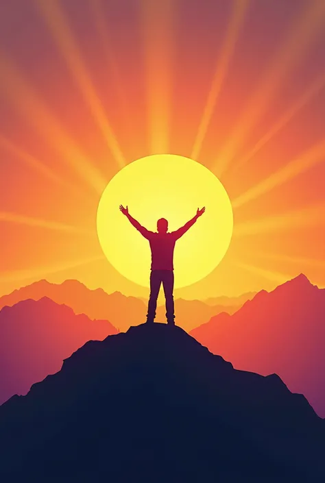 create an image featuring a silhouette of a person standing triumphantly at the top of a mountain with the sun rising behind them, symbolizing new beginnings and growth. A backdrop of vibrant, motivational colors like gold, orange, and pink could represent...