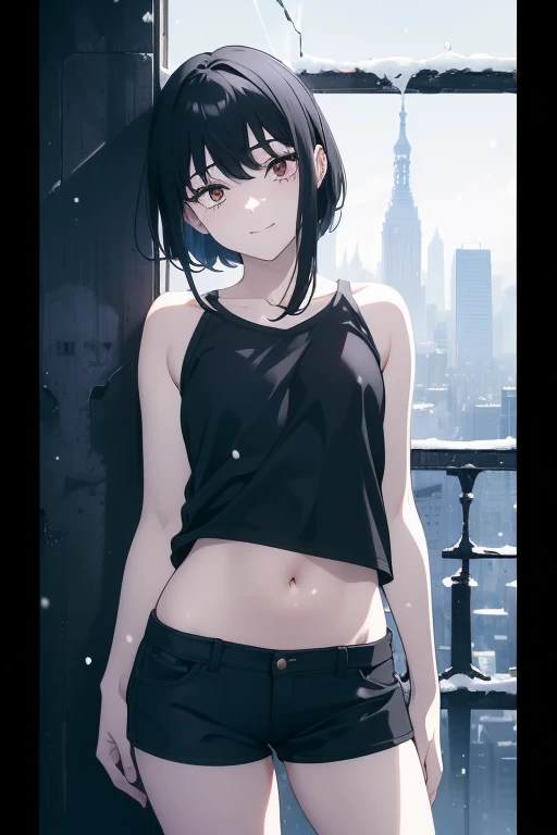 ((((Masterpiece,  best quality,  super high res)))),  1 girl,  is standing,  dressed casually,  loose t-shirt ,  loose shorts, ( black hair, dark  black hair in face),  long haircut,  blue-white skin, ((brown eye)), Shine_eye, 青い eye, (ultra detailed eye:0...