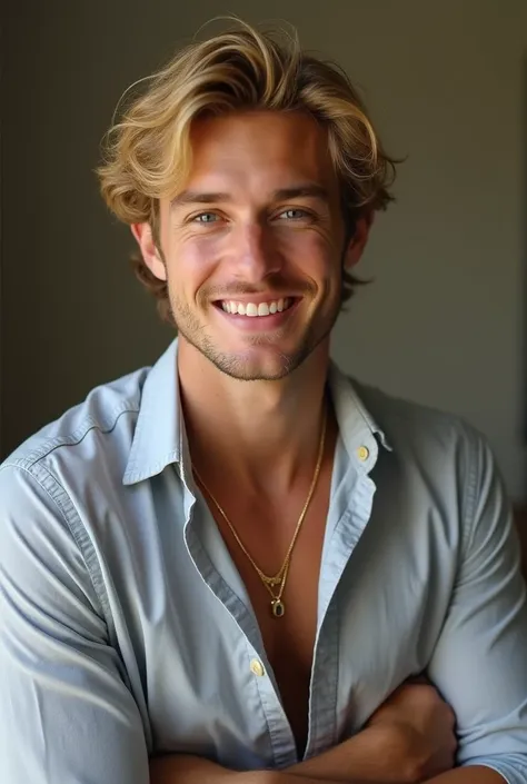 , young, 20s, Man, beau, athletic but slim, golden blonde hair, wavy, Double Eyelids, regard doux,, gold necklace,  watch, deux bagues, nice, old money, finance man, British, husband, simple outfit, warm smile,  manly soft face, 